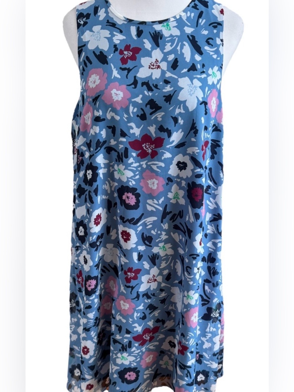 LOFT Silky Cornflower Blue Floral Knee Length Sleeveless Summer Dress Medium